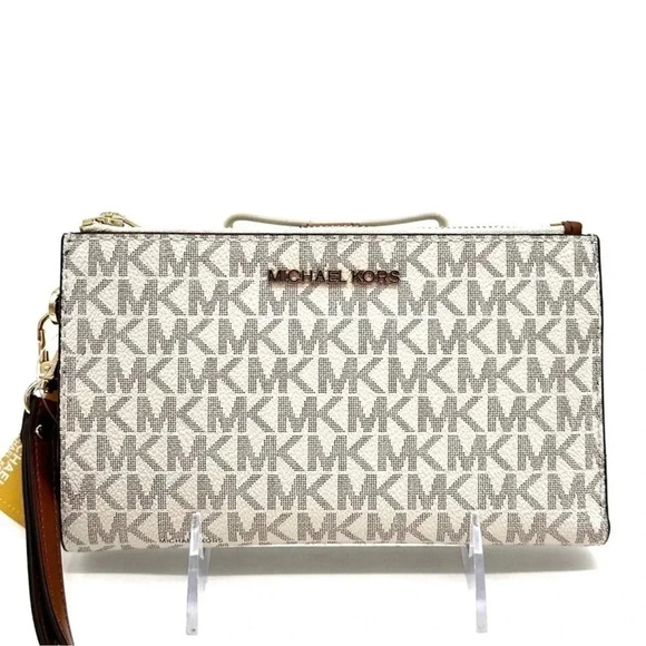 Michael Kors Double Zip Wallet Wristlet Vanilla Leather - Picture 1 of 7